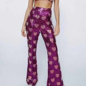 Nasty Gal Petite Sequin Heart Flare Pants Valentines
